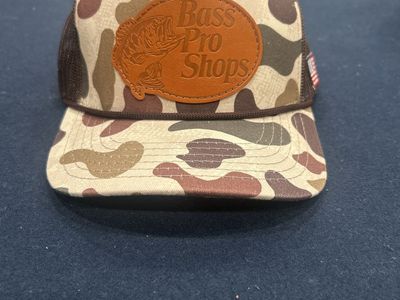 Bass Pro Shops Camo Trucker Hat with Leather Patch & American Flag Detail - Adjustable One Size