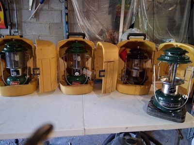 Coleman Vintage Propane Lanterns (Lot of 4) Green with Yellow Hard Cases Camping Emergency
