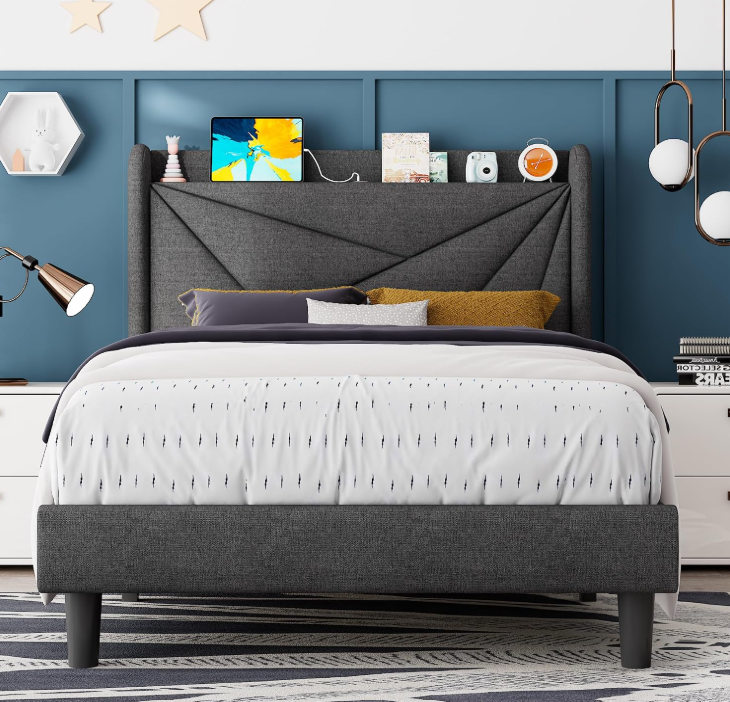 Feonase Twin Size Bed Frame with Charging Station, Upholstered Linen Platform Bed Frame with Wingback Headboard