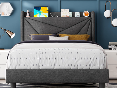 Feonase Twin Size Bed Frame with Charging Station, Upholstered Linen Platform Bed Frame with Wingback Headboard