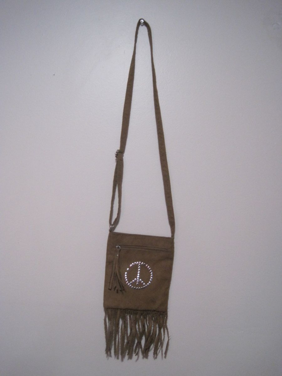 Justice Brown Suede Crossbody Shoulder Bag Hippie Peace Sign Fringe Whipstitch