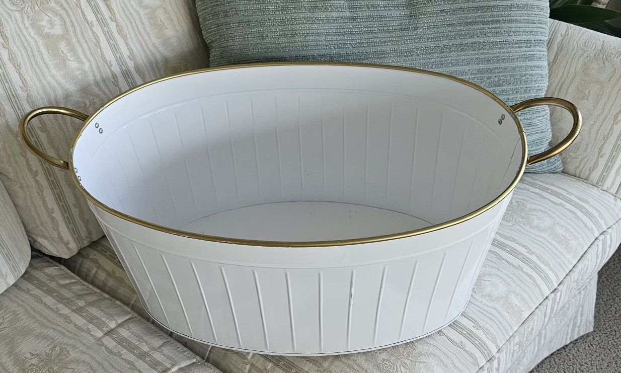 Large White Oval Galvanized Tub with Gold Trim - Beverage Cooler, Planter, Storage Bin 20"×14.5"×9.5"