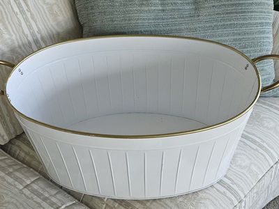 Large White Oval Galvanized Tub with Gold Trim - Beverage Cooler, Planter, Storage Bin 20"×14.5"×9.5"