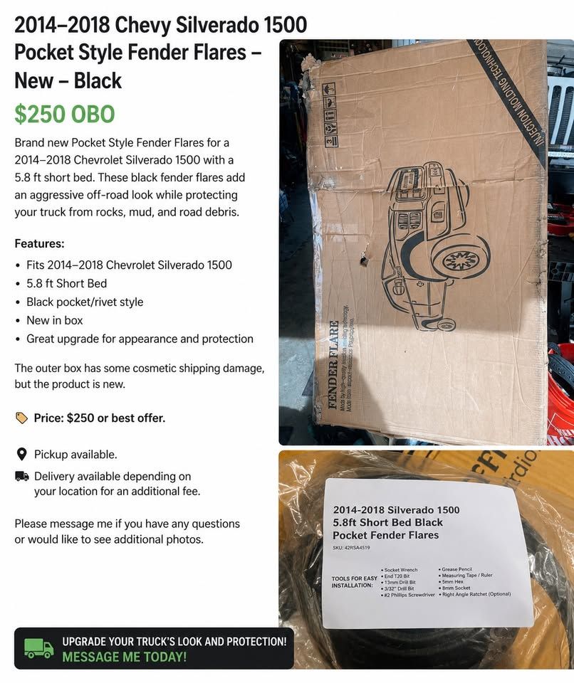 2014–2018 Chevy New in Box Silverado 1500 Pocket Style Fender Flares