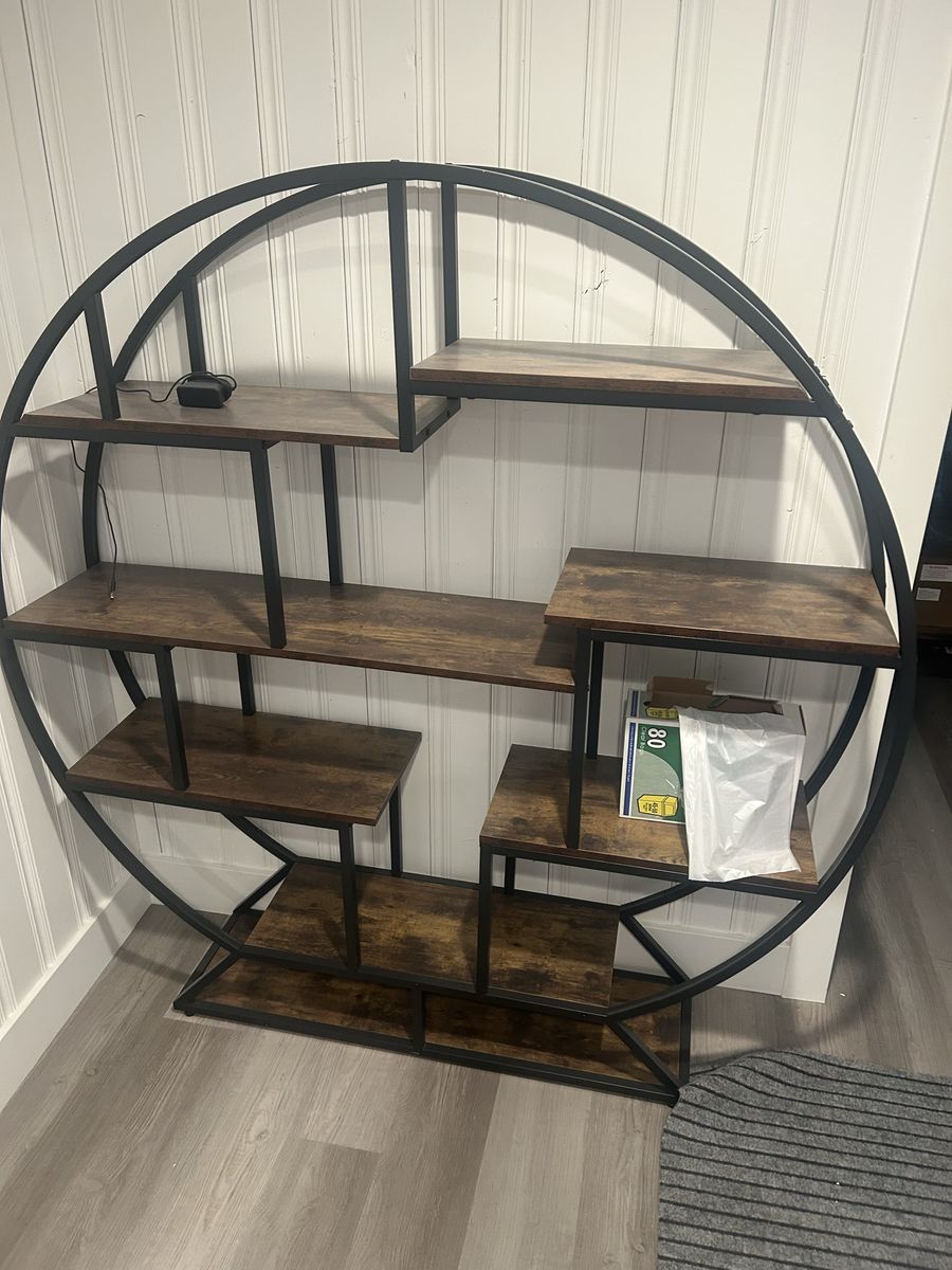 Rustic Industrial Round Bookshelf 5-Tier Display Storage Rack, Brown Wood & Black Metal