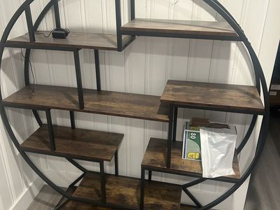 Rustic Industrial Round Bookshelf 5-Tier Display Storage Rack, Brown Wood & Black Metal