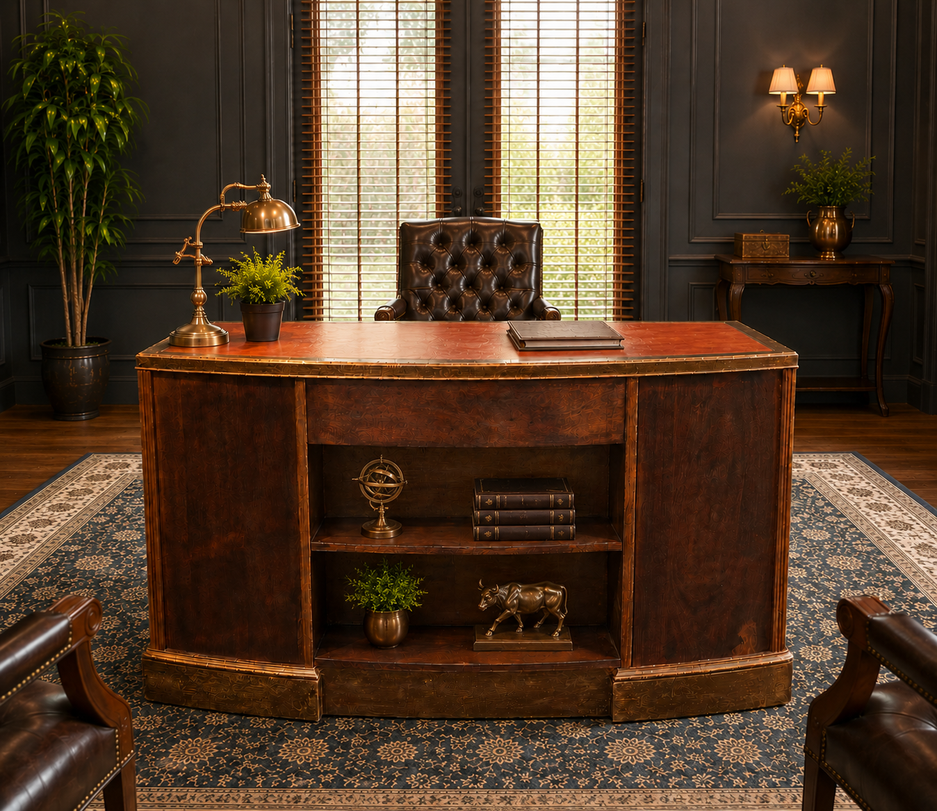Refinished Vintage Executive Desk with Genuine Leather Top