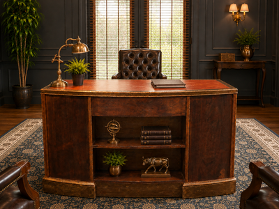 Refinished Vintage Executive Desk with Genuine Leather Top