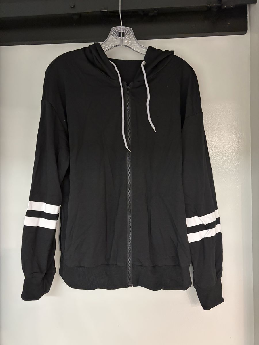 Brand new black zip up hoodie with white strips