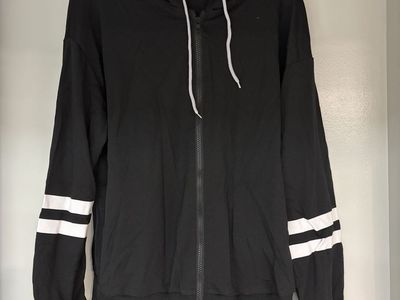 Brand new black zip up hoodie with white strips