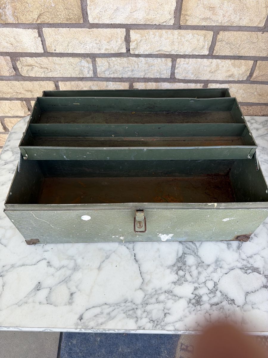 Vintage Metal Tool Box, Green with Tray - Industrial Storage Organizer