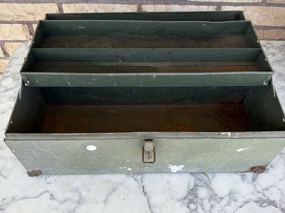 Vintage Metal Tool Box, Green with Tray - Industrial Storage Organizer
