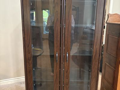 IKEA Dark Wood Display Cabinet with Glass Shelves and Doors - Modern Storage Solution