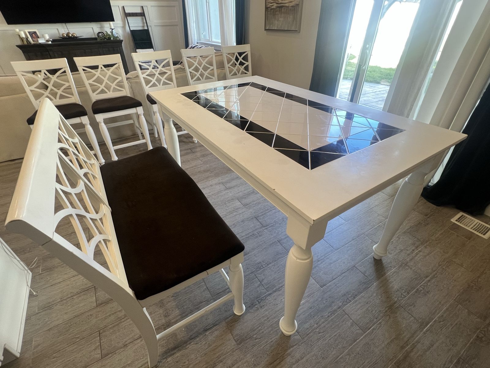 White Dining Table & 5 Chairs Set - Modern, Tiled Top, White Wood, Black Cushions