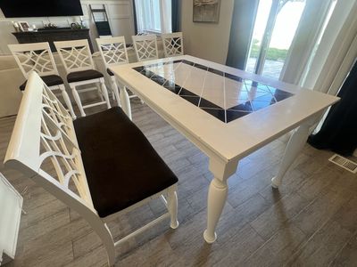 White Dining Table & 5 Chairs Set - Modern, Tiled Top, White Wood, Black Cushions