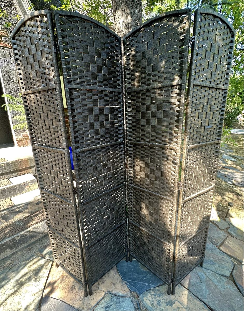4-Panel Dark Brown Woven Wicker Room Divider Folding Privacy Screen