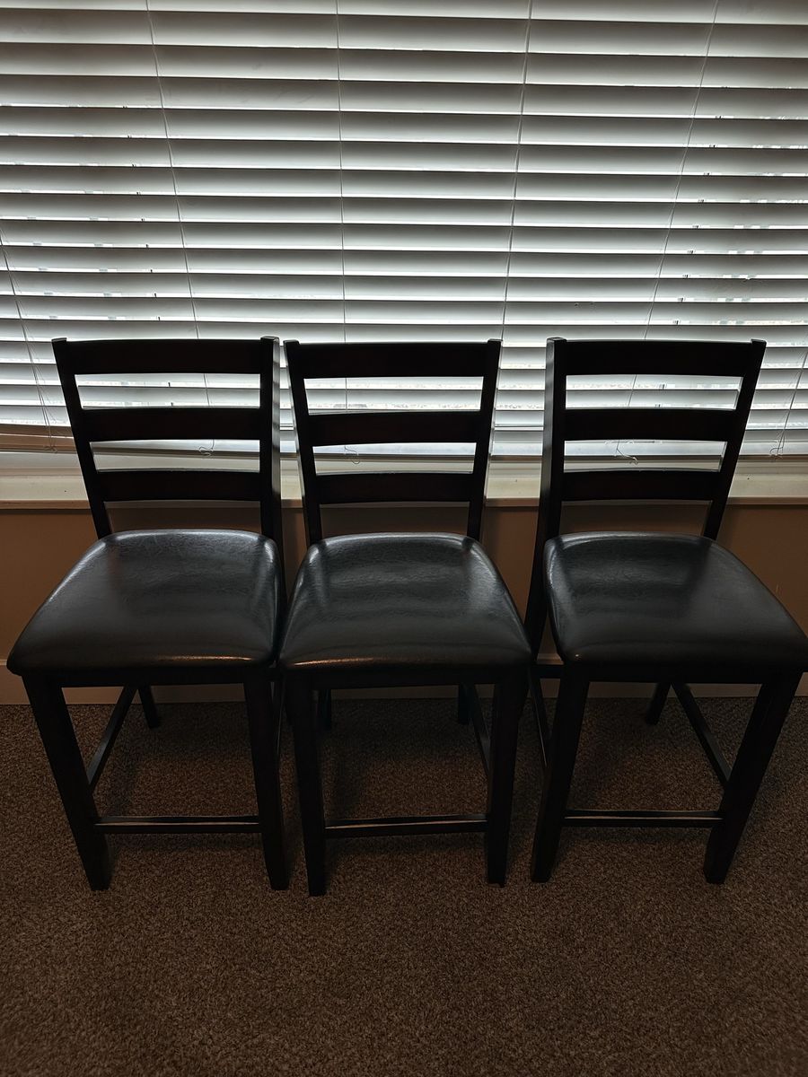 Set of 3 Dark Wood Counter Height Bar Stools with Black Faux Leather Seats