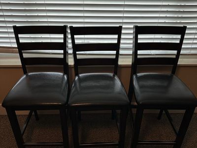 Set of 3 Dark Wood Counter Height Bar Stools with Black Faux Leather Seats