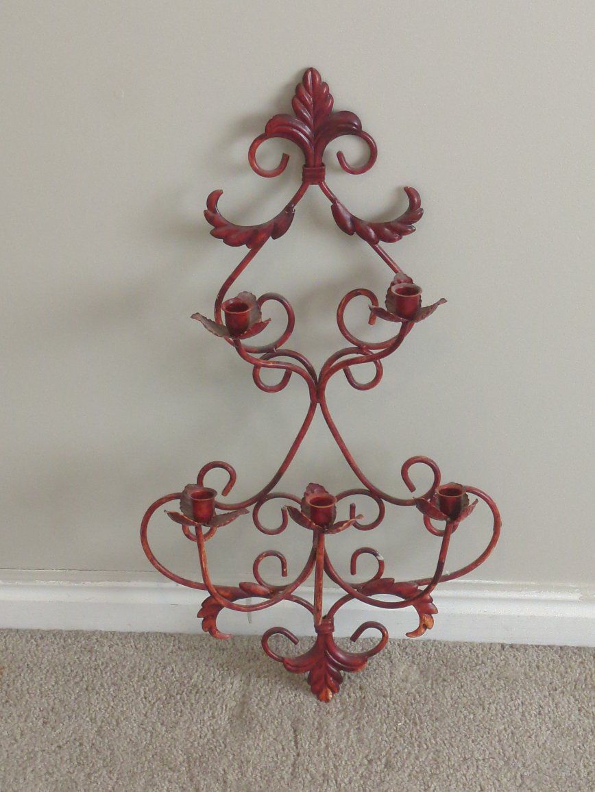 Tuscan Styles, Rustic Red Fleur-de-lis Wrought Iron Wall Sconce Candle Holder - 5 Candles