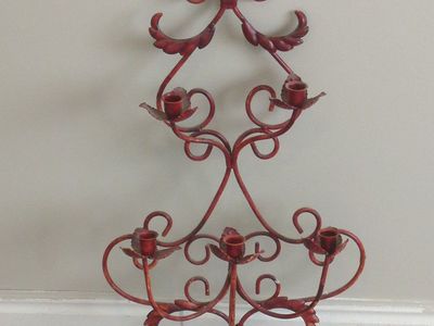Tuscan Styles, Rustic Red Fleur-de-lis Wrought Iron Wall Sconce Candle Holder - 5 Candles