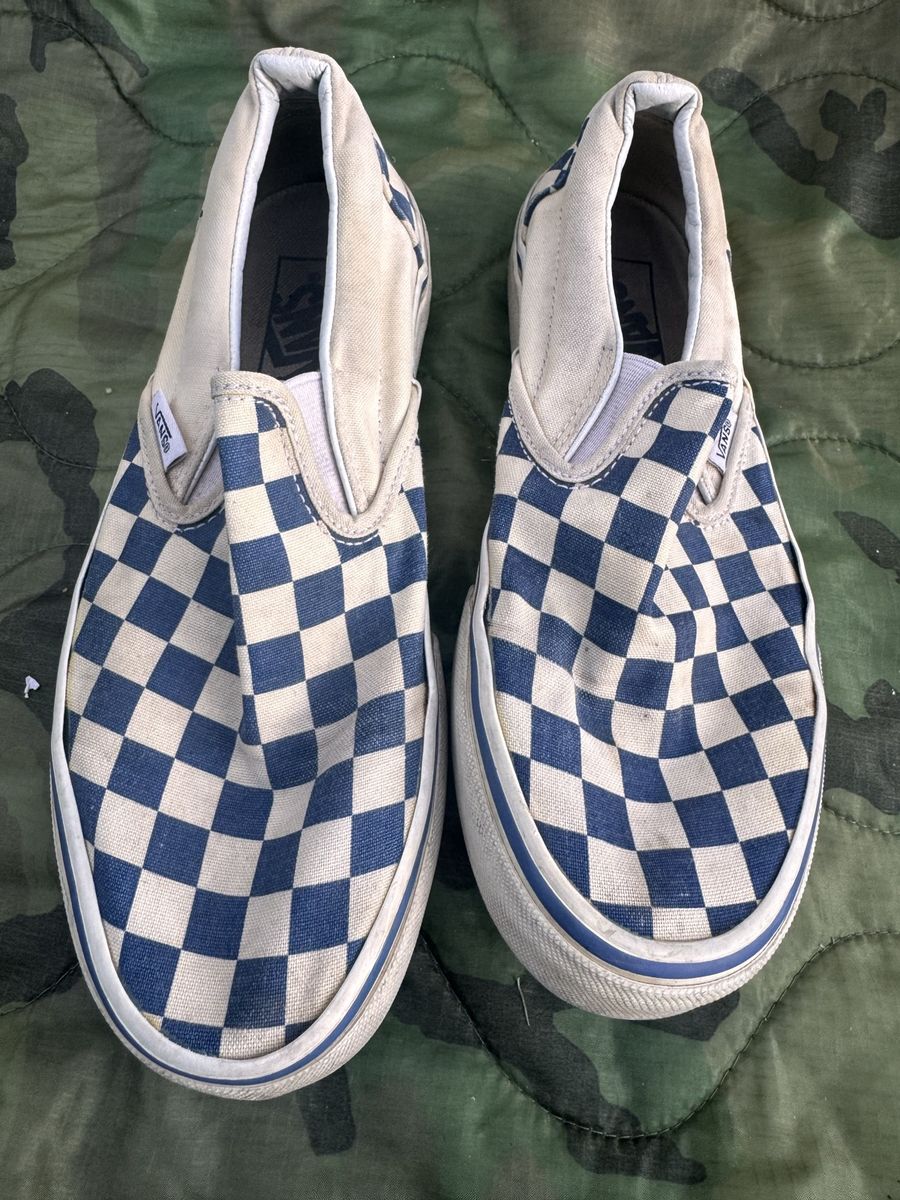Vans Classic Checkerboard Slip-On Sneakers - Navy/White, Mens 5/Womens 6.5