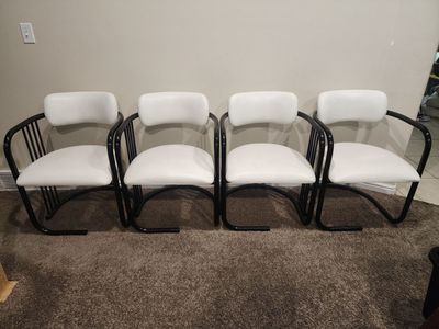SET OF FOUR 80s POSTMODERN MEMPHIS STYLE RETRO PAPERCLIP STYLE DINING CHAIRS BLACK & WHITE SEATS QUALITY!