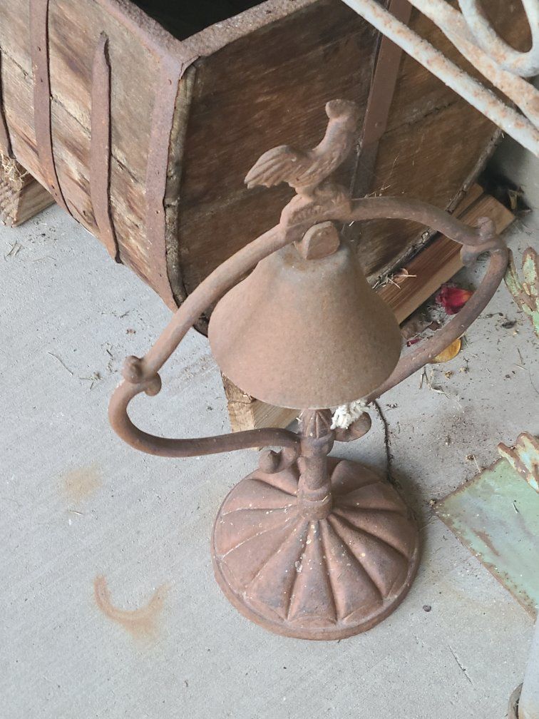 Antique Cast Iron Dinner Bell with Rooster Top and Stand
