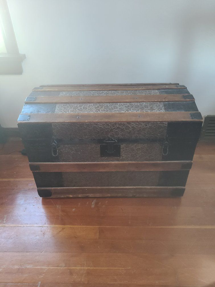 Antique Steamer Trunk - Vintage Wooden Storage Chest with Embossed Metal Details. Believe to be from late 1800's.