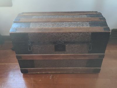 Antique Steamer Trunk - Vintage Wooden Storage Chest with Embossed Metal Details. Believe to be from late 1800's.