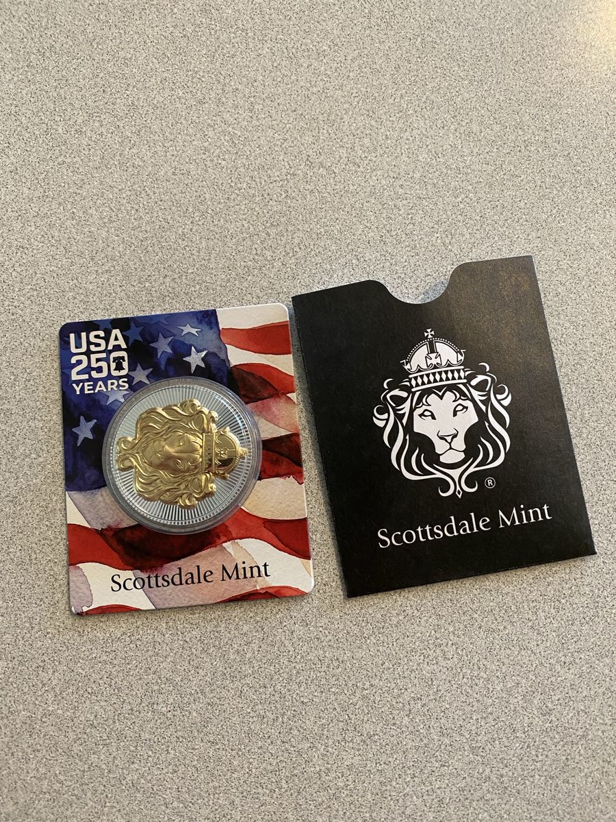 Scottsdale Mint 1oz Silver & Gold Lion Coin with USA 250 Years Card and Sleeve, numbered  .999 Fine Silver #154/250