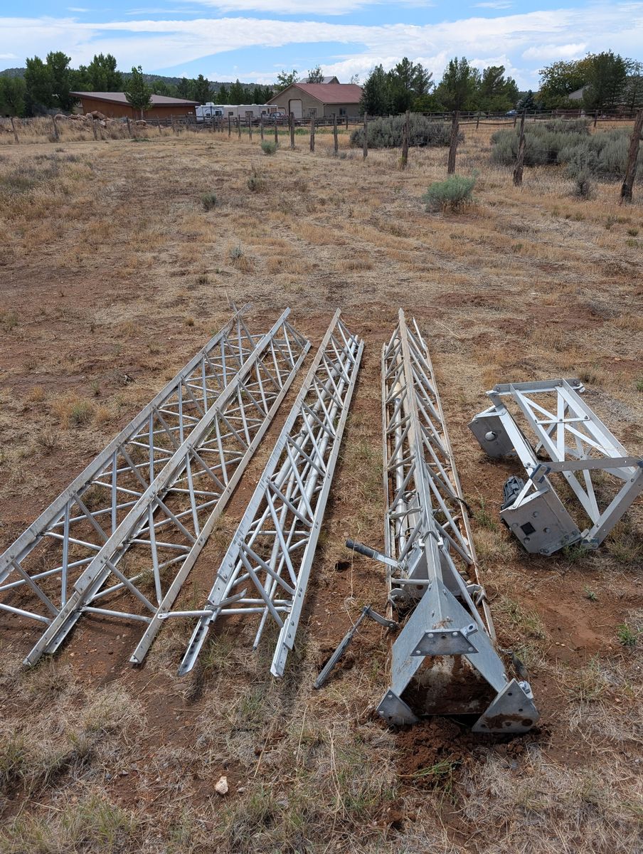 Ham Radio Tower (~40 ft) + Hustler BTV HF Vertical Antenna — Already Down, Ready to Haul