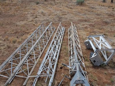 Ham Radio Tower (~40 ft) + Hustler BTV HF Vertical Antenna — Already Down, Ready to Haul