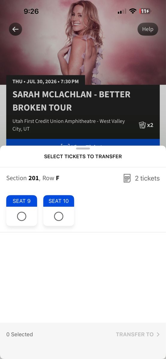 Sarah McLachlan: Better Broken Tour Ticket - Utah First CU Amphitheatre, July 30, 2026, Section 201, Row F, Seat 9 and 10