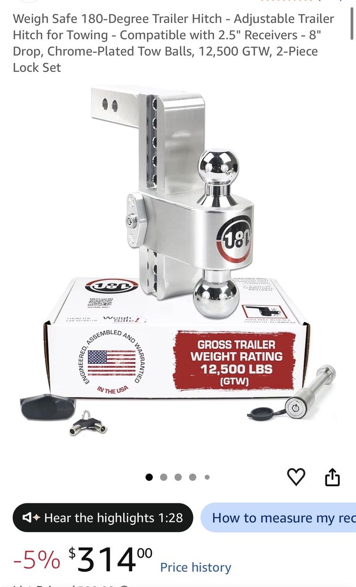 Weigh Safe 180-Degree Trailer Hitch - Adjustable Trailer Hitch 2.5" Receivers - 8" Drop - 2 keys