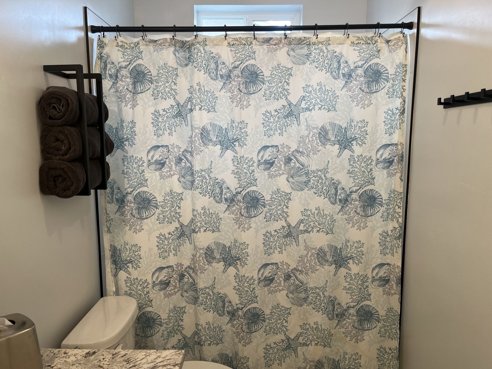 Beach Theme Fabric Shower Curtain, Liner, and Hooks.