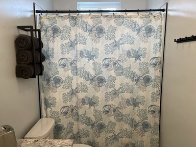 Beach Theme Fabric Shower Curtain, Liner, and Hooks.