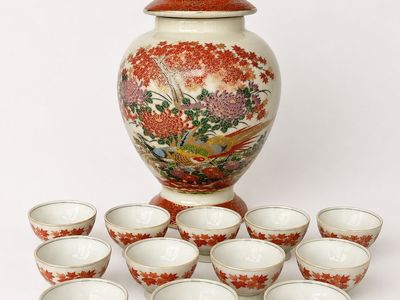 Vintage Japanese Satsuma Moriage Style Ginger Jar with Phoenix & Floral Design and 10 Cups