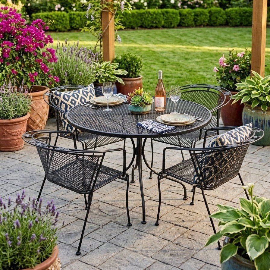 Vintage Woodard Wrought Iron Patio Set - Table with Four Barrel Chairs