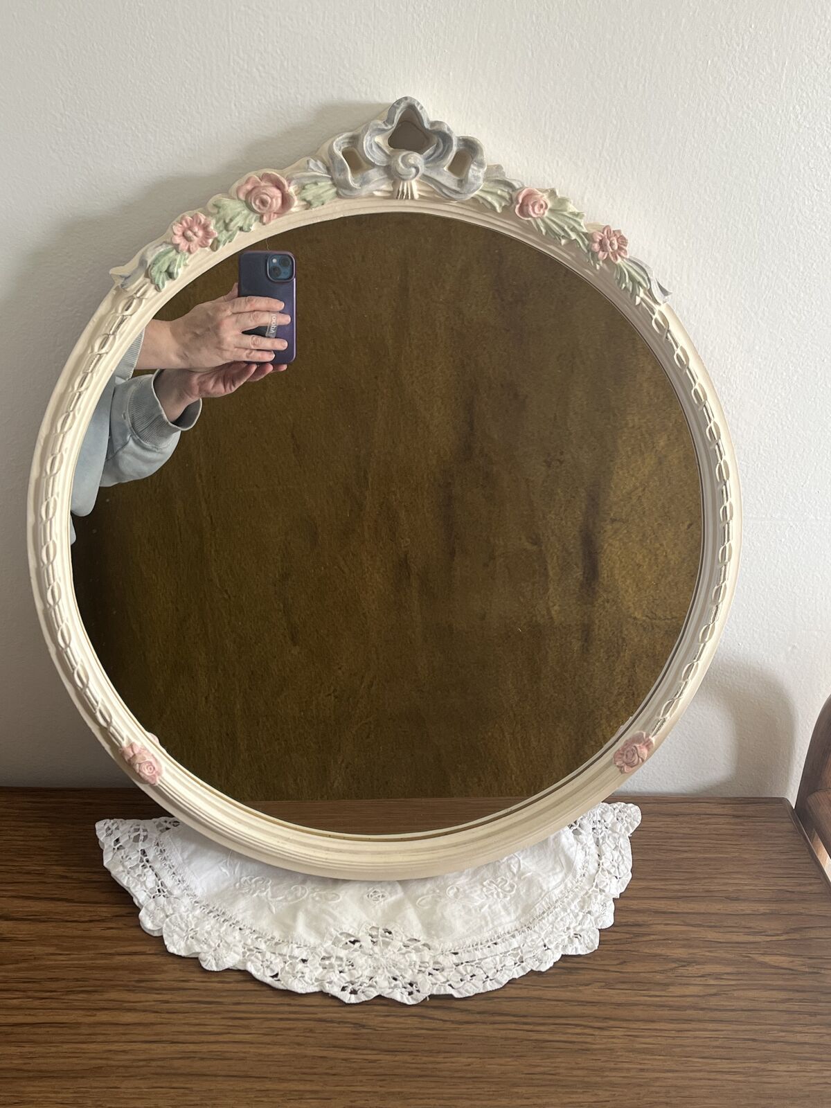 Vintage Round Cream Painted Wood Mirror