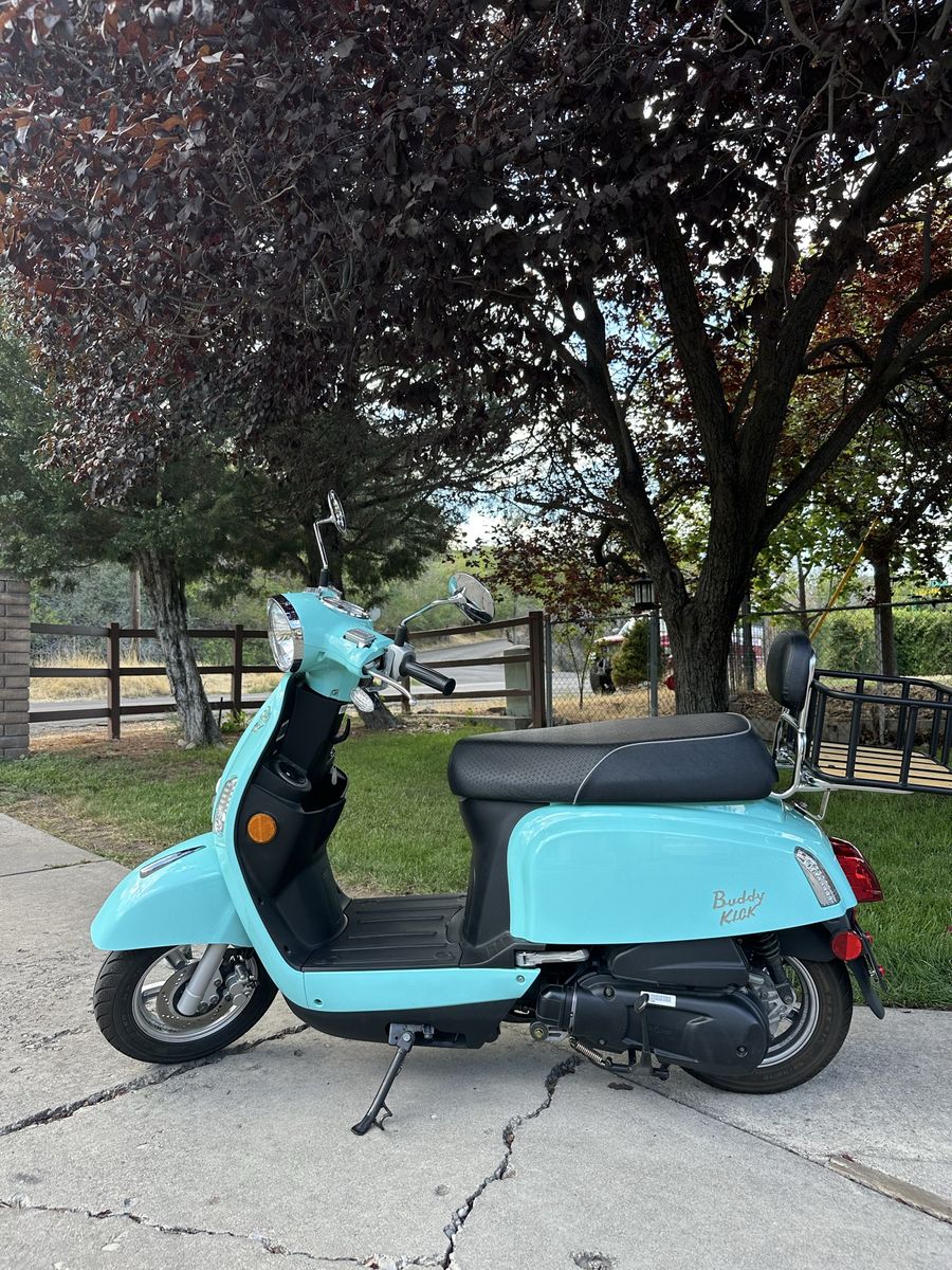 2023 Genuine Buddy Kick Scooter - Light Blue Moped with Rear Cargo Rack