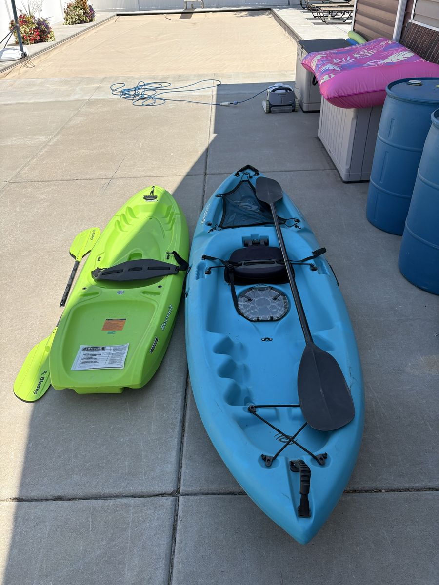 Lifetime Kayaks with Paddles - Green Recruit & Blue Spitfire 9 Both for $150