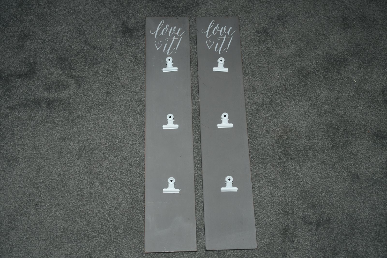 2 "LOVE IT" GRAY WOOD DISPLAY BOARDS ~ 6 WHITE CLIPS ~ 24" x 4.5" ~ FUN WAY TO DISPLAY SPECIAL ITEMS ~ BOTH FOR $5