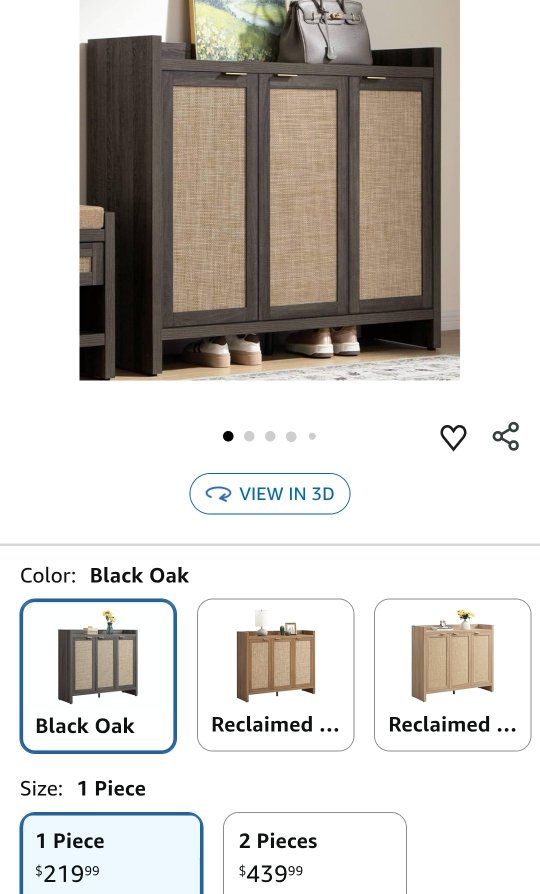 Black Oak Wood & Rattan 3-Door Storage Cabinet with Gold Pulls - Entryway/Hallway Organizer