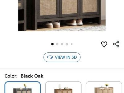 Black Oak Wood & Rattan 3-Door Storage Cabinet with Gold Pulls - Entryway/Hallway Organizer