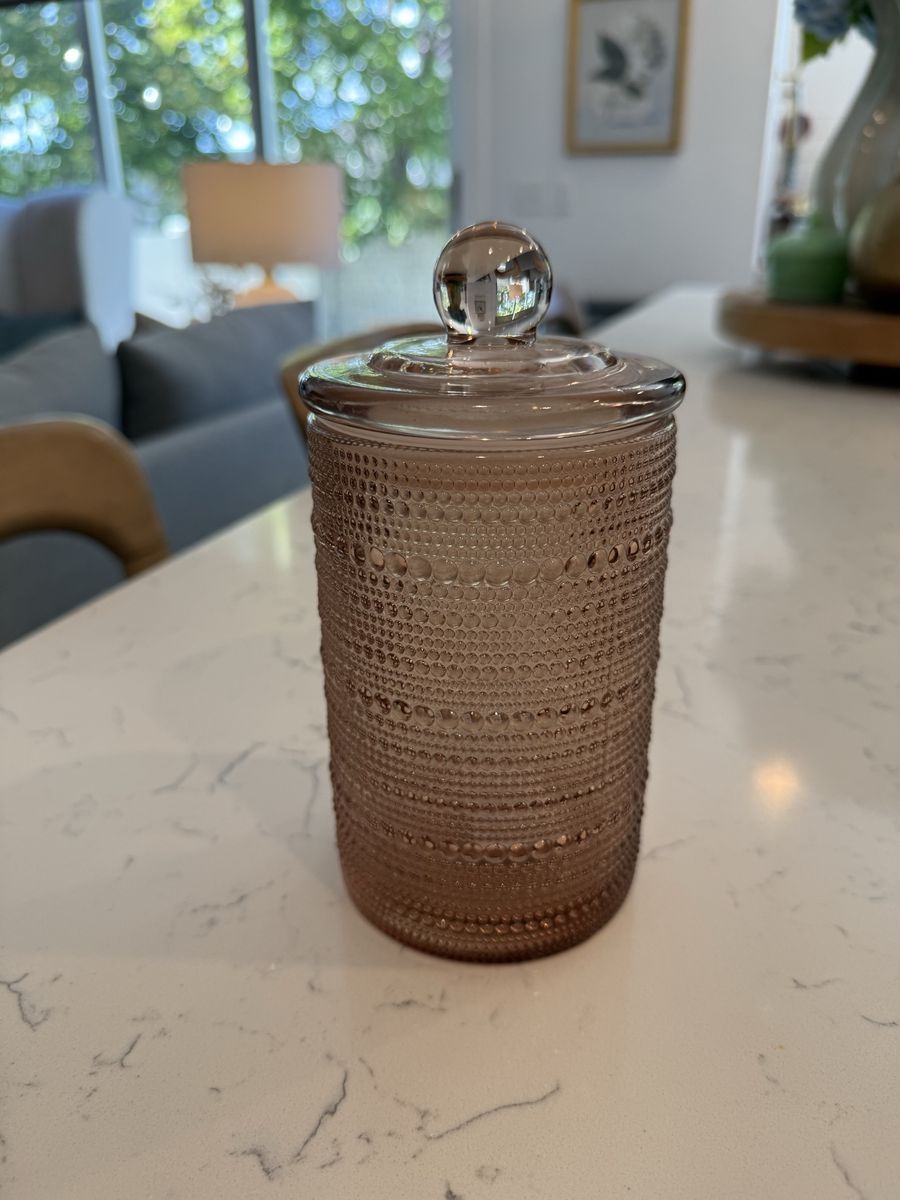 Pink Glass Canister Jar with Lid Hobnail Textured 7.5 Inches