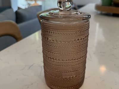Pink Glass Canister Jar with Lid Hobnail Textured 7.5 Inches