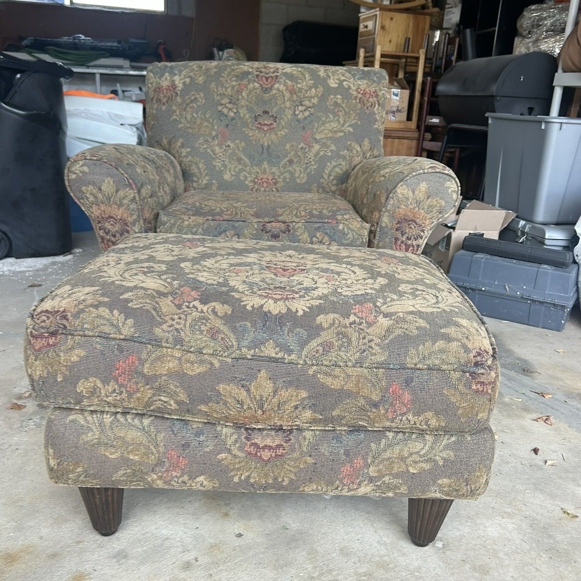 Upholstered Armchair with Matching Ottoman - Floral Pattern