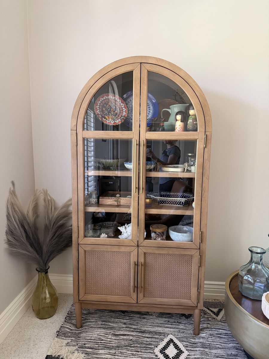 Arched Wood & Rattan Display Cabinet | Bohemian Style Glass-Door Accent Cabinet with Storage