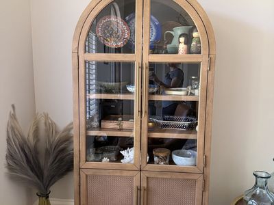Arched Wood & Rattan Display Cabinet | Bohemian Style Glass-Door Accent Cabinet with Storage