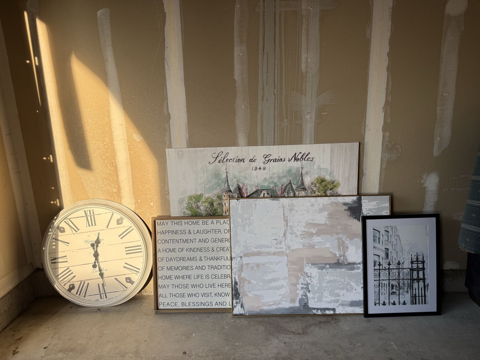Assorted Home Decor Set - Wall Clock, Framed Canvas Art & Signs